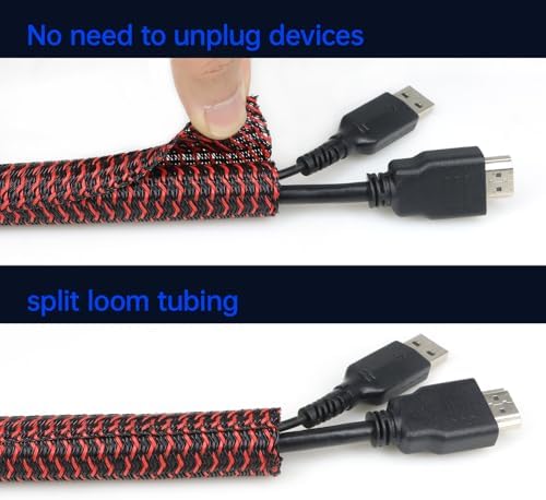Cable Management, 16FT Wire Management Computer Cord Desk Organizer Protectors from Pets No Chew (Red Black, 10mm-(3/8")