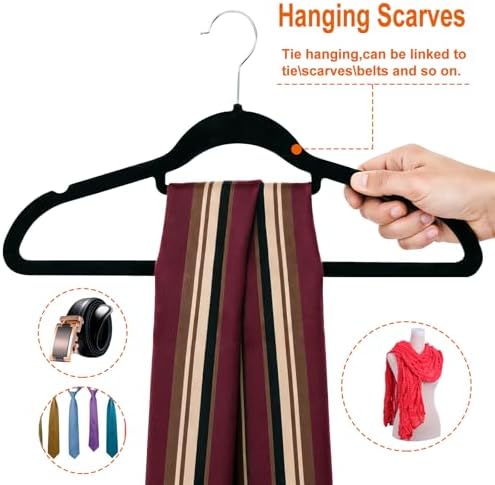 SUPER DEAL Velvet Hangers 100 Pack, Non-Slip Clothes Hangers with Tie Bar and Shoulder Notched Premium 360 Degree Swivel Hook for Coat Suit Pants Dress Closet Space Saving, Black