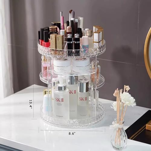 Rotating Makeup Organizer for Vanity Bathroom Countertop, 360 Spinning Skincare Organizer and Storage with Adjustable La