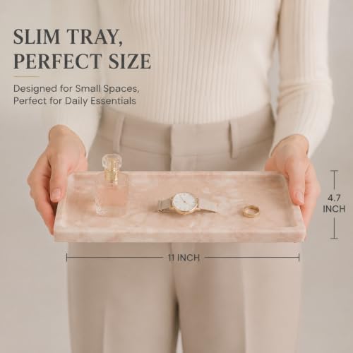 Pink Marble Tray for Vanity, Slim Natural Stone Decorative Tray for Bathroom, Perfume Organizer, Jewelry Dish, Kitchen &