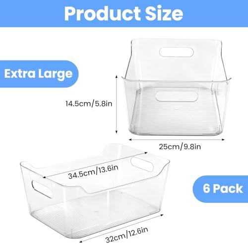 6 Set Storage Bins, Clear Plastic Organizers, with Handles