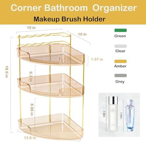 FELIZHOUSE 3-Tier Corner Bathroom Counter Organizer, Bathroom Countertop Shelf Makeup & Skincare Storage with Brush Hold