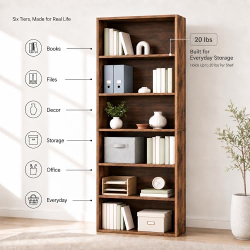 IULULU 6 Tier Bookcase with Open Storage Shelves, Brown