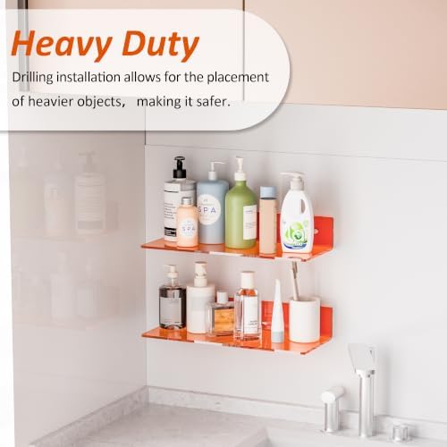 Sezanrpt 15 Inches Orange Acrylic Wall Shelves 2 Pack, L Shape Floating Shelf, Perspex Wall Mounted Shelves for Home Décor, Model Car, Candle, Calendar, Towel, Tissue