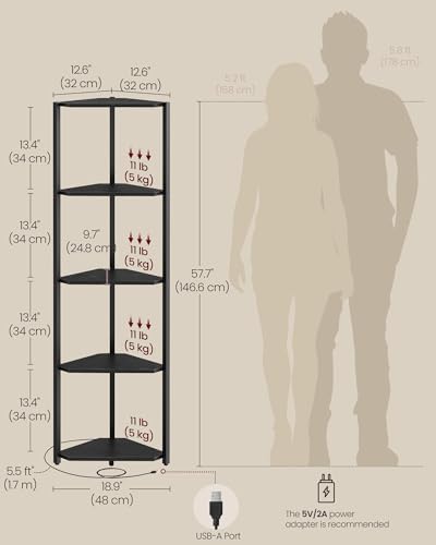 VASAGLE Corner Shelf with LED Lights, 5-Tier Freestanding Bookshelf
