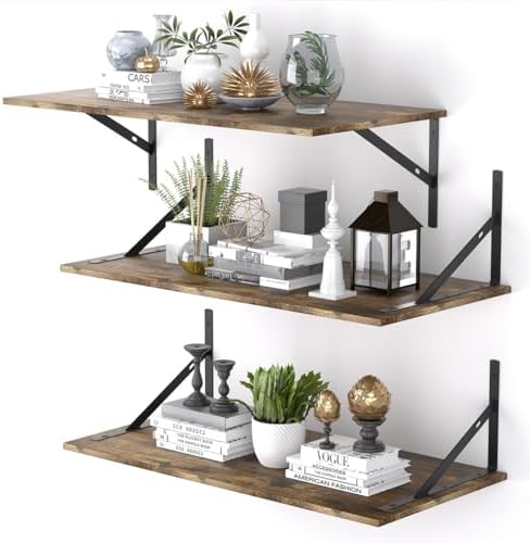 Deep Floating Shelves for Wall Set of 3, 24W x 12 Inch Deep Floating Shelves, Wide Floating Wall Mounted Shelves for Liv