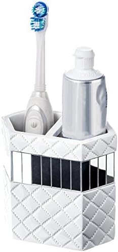 Creative Scents Quilted Mirror White Toothbrush Holder – Bathroom Toothbrush Organizer - Decorative Toothbrush and Tooth
