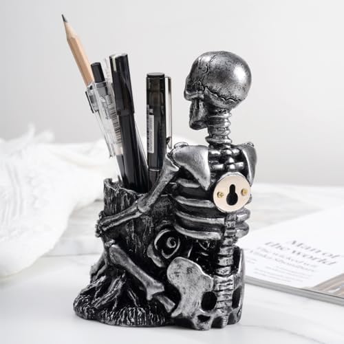 Arola Skull Pen Pencil Holder Skeleton Key Holder Makeup Brush Holder Home Office Desk Supplies Organizer Accessory（Silver-Plated）