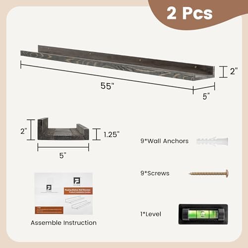 FLYJOE Picture Ledge Shelf, Floating Shelves Set of 2, Solid Pine Wood 55'' Long Large Nursery Book Shelves for Toys Storage, Kids Bookshelf for Living Room Bedroom Decor Books Photo Frames, Grey