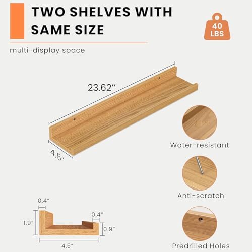 Heimlove Picture Ledge Shelf, Floating Shelves Set of 2, 24 Inches Picture Shelf for Wall with Ledge, Kids Bookshelf Wall Mounted for Living Room Bedroom Decor Books Photo Frames - Natural Oak