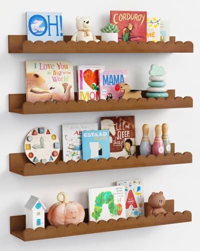 24 inch Scalloped Nursery Floating Book Shelves, Walnut Kids Wall Bookshelf