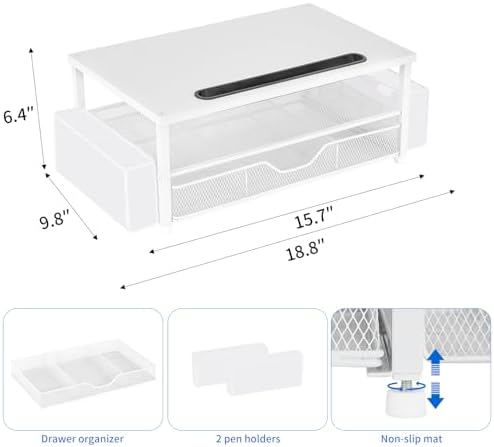 AUPSEN White Monitor Stand Riser, 2-Tier Wood Computer Desk Organizer with Drawer, Pen Storage & Phone Holder, Office De