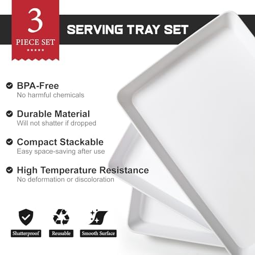 3 Pack, 16" x 11" Large White Serving Trays Set - Reusable Plastic Serving Platters for Cookie, Appetizer, Charcuterie, 