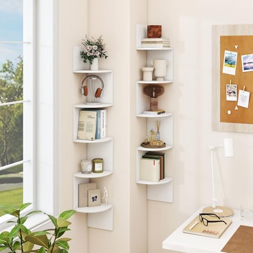 GOFLAME Corner Shelf Wall Mounted Set of 2, 5-Tier Floating Corner Bookshelf, Wood Plant Stand, Modern Floating Display 