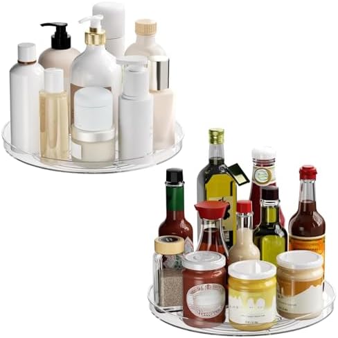 2 Pack Lazy Susan Organizer Turntable, Clear 9 Inch Rotating Organizer Tray for Cabinet Table Top, Round Non-Skid Refrig