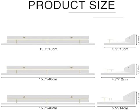 Giftgarden 16 Inch White Floating Shelves with Gold Metal Guardrail, Wood Shelves for Wall Storage Set of 3, Wall Shelf 