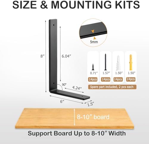 8 Inch Heavy Duty Floating Shelf L Brackets, 160 lbs, 6 Pack