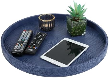 HofferRuffer Round Serving Tray 20'', Elegant Faux Leather Circle Ottoman Table Tray, Serve Tea Coffee Breakfast in Bedr