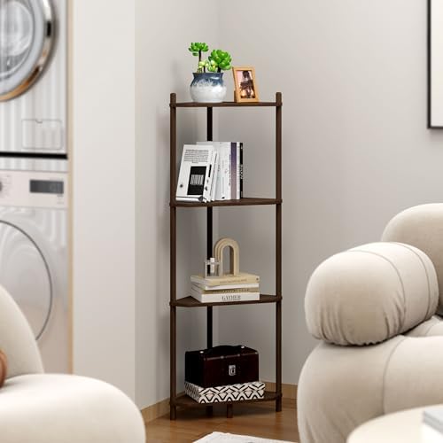 Corner Shelf Stand - 4 Tier Bamboo Small Corner Bookshelf for Office Kitchen Bedroom Plant Stand Living Room Decor Small