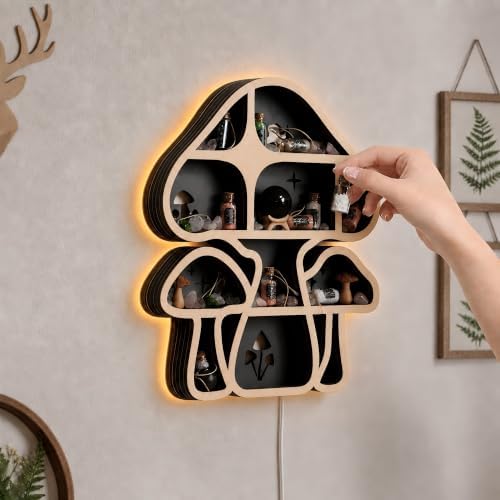 Mushroom Decor Floating Shelves with Lights, Crystal Display Shelf for Wall
