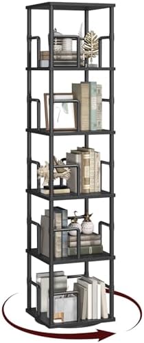 MAHANCRIS 5-Tier Rotating Bookshelf, Freestanding Corner Bookshelf, 360° Spinning Bookcase, Industrial Style Storage Rac