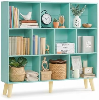 YAHARBO 10 Cube Bookshelf,3 Tier Bookcase with Legs,Green Mid-Century Modern Bookshelves,Large Free Standing Open Storag