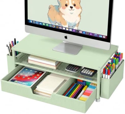 ECOLOVI Desk Organizer and Accessories, 2-Tier Computer Monitor Stand Rise with Storage Drawer & 2 Pen Holders, Laptop &