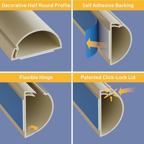 D-Line Half Round Cord Hider, Patented Cable Cover, Hide TV Wall Mount Wires, Raceway for Cords, Decorative Wire Covers,