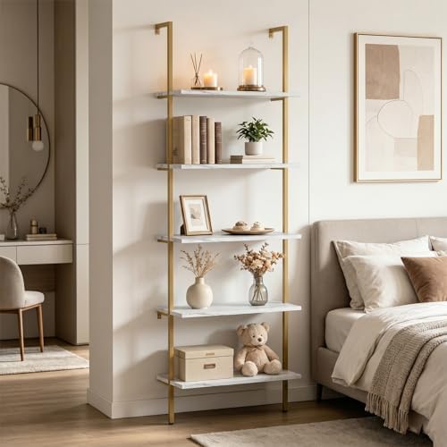 Wolawu 5 Tiers Ladder Shelf White Marble Modern Bookshelf Open Tall Wall Mount Bookcase Standing Leaning Wall Shelves In