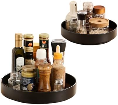 Non-Slip Rotating Lazy Susan Turntable, 360-Degree Swivel, Black with Textured Surface (Black, 10inches+12inches)