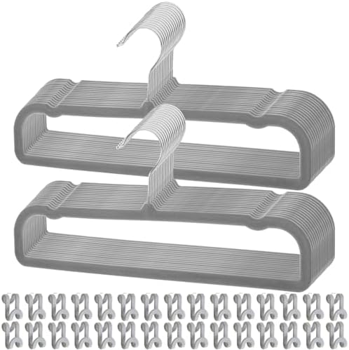 Pants Hangers Non Slip, 30 Pack Velvet Hanger for Closet with 30 Hooks, Strong Durable Space Saving Slim Pants Hanger, Ultra Thin & Space Saving Flocked Hangers for Pants/Shirts/Shorts/Bra (Grey)