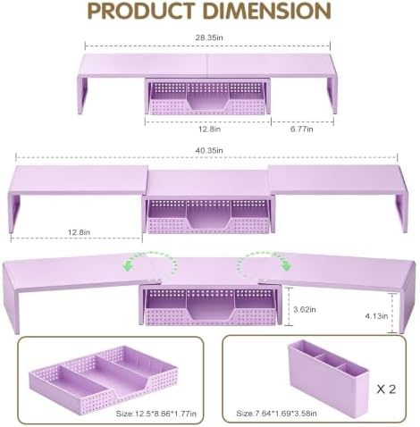 LEKETREE Dual Monitor Stand Riser with Drawer and 2 Pen Holders, Purple