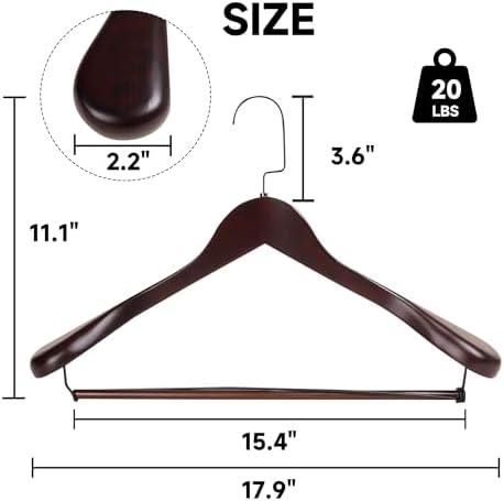 Wide Shoulder Wooden Hangers with Locking Bar, Dark Cherry, 2-Pack