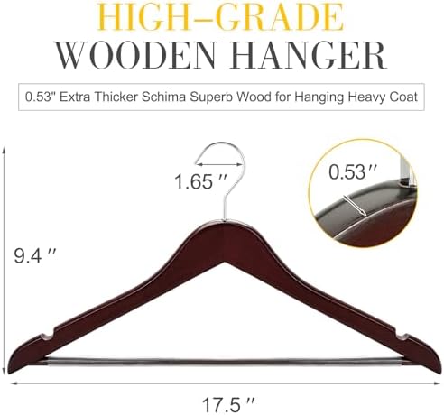 TOPIA HANGER Luxury Wooden Suit Hangers for Closet - Cherry Wood With Extra Thick Hook and Non-Slip Pants Bar, Heavy Duty Coat Hangers With Notches for Shirts - 16 Pack CT01M