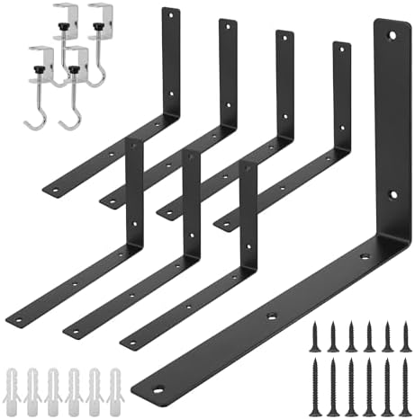 L Floating Shelf Brackets,8 Pack Heavy Duty L Brackets for Shelves, L 12" X H 8" Black Metal Countertop Support Brackets