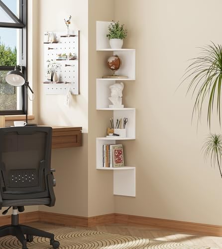 VIMBER 5-Tier Corner Shelf Wall Mount, Corner Bookshelf, Industrial Corner Ladder Shelf, Modern Display Shelf for Living