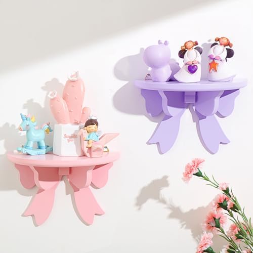 Pinkunn 2 Pcs Bow Floating Shelves Kawaii Shelf Book Stand, Pink,Purple