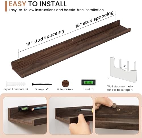 Dreamland Picture Ledge Shelf for Wall, Floating Shelves Set of 2, 36 Inch Long Floating Shelves with Lip for Living Room, Bedroom, Bathroom, Kitchen, Walnut