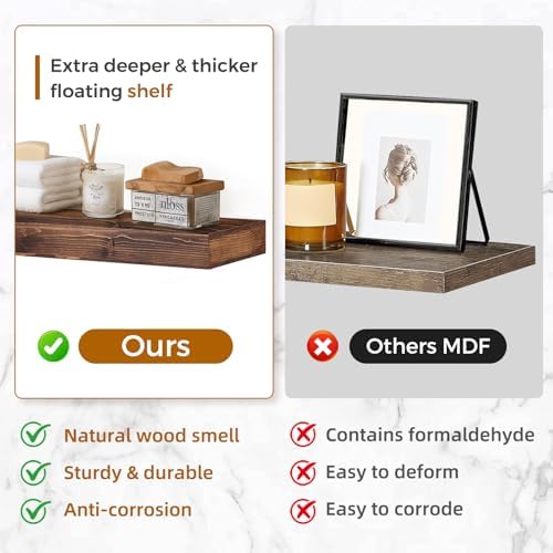Floating Shelves, 24 Inch Wall Mounted Shelves, Set of 2, Brown