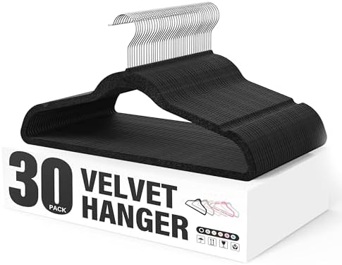 YSSOA Velvet Hangers 30 Pack, Non-Slip Clothes Hangers with Shoulder Notches, 360° Swivel Hooks, Heavy Duty Standard Hangers for Closet Space Saving, Black