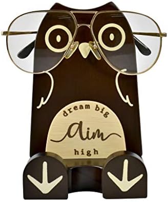 I'm Wood Multipurpose Eyeglass Phone Pen & Pencil Holder Stand Stationery Desk Box Organizer Accessories, Home Office Desktop Decor Birthday Graduation Gifts “Dream Big Aim High” (Owl)