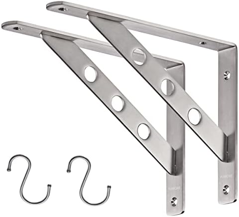 YUMORE 10 Inch Shelf Bracket, Heavy Duty L Bracket with 2 S Hook, 2 Pack