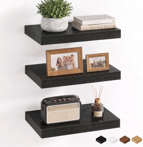 16 Inch Floating Shelves for Bathroom Black, 8" Deep Wall Shelf, Set of 3