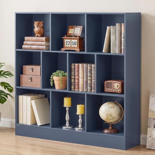 YAHARBO 3 Tier 10 Cube Long Horizontal Bookshelf, Under Window, Dark Blue