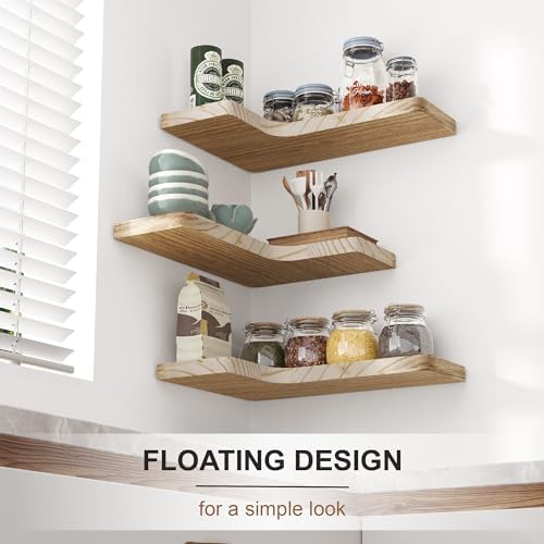 fuqing Floating Corner Shelves, Wall Shelf Set of 3, Shelves for Wall Storage, Solid Wood Shelves for Storage, Wall Moun