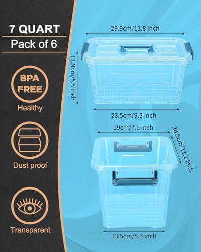 NUMIFUN Plastic Storage Bins with Lids 6 Pack, 7 Quart Storage Containers with Black Buckle Latch, Stackable Storage Con