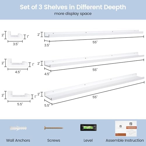 Picture Ledge Shelf for Wall, 56 inches Solid Pine Wood Nursery Book Shelves 3 Packs, Floating Ledge Shelves for Kids' Room Bedroom Bathroom Long Floating Shelves for Wall Nursey Wall Decor, White