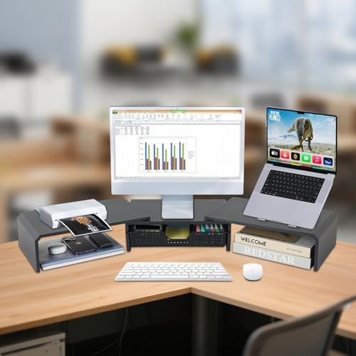 LEKETREE Dual Monitor Stand Riser with Drawer, Computer Stand for Desk, Workspace Desktop Stand, Desk Organizer for Comp