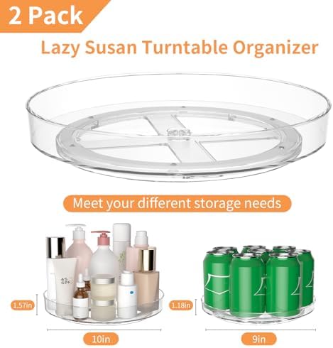 2 Pack Lazy Susan Turntable Organizer, 9 and 10 Inch Rotating Trays for Corner Cabinet, Fridge, Pantry, Kitchen, Table T