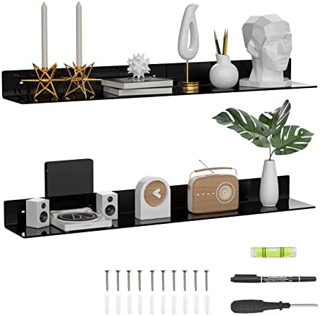 Sezanrpt 36 Inches Acrylic Wall Shelves 2 Pack, Floating Shelf for Wall Mounting, Acrylic Display Ledges for Funko Pop Figures, Home Décor, Living Room, Gaming Room, Plants(36 inch, Black)
